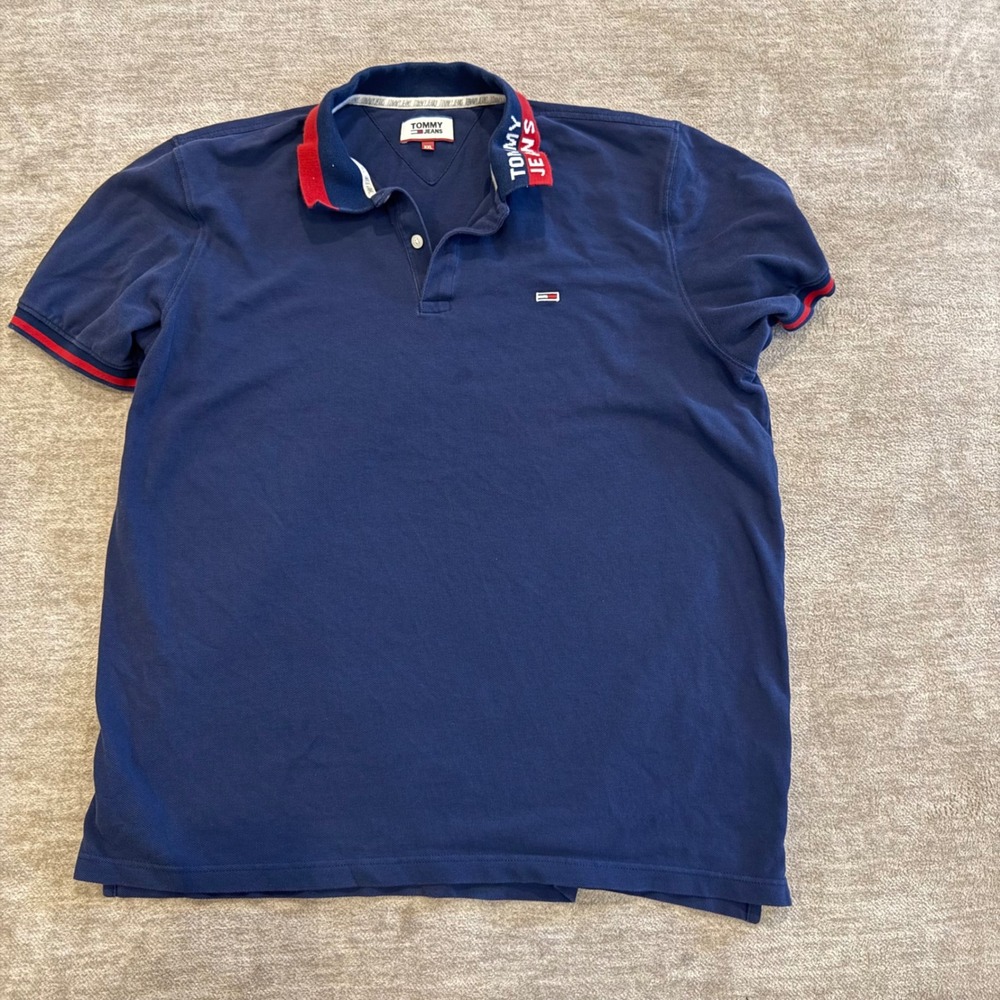 Tommy‎ Jeans Mens Navy Blue Polo Shirt XXL Red Collar Logo Embroidered